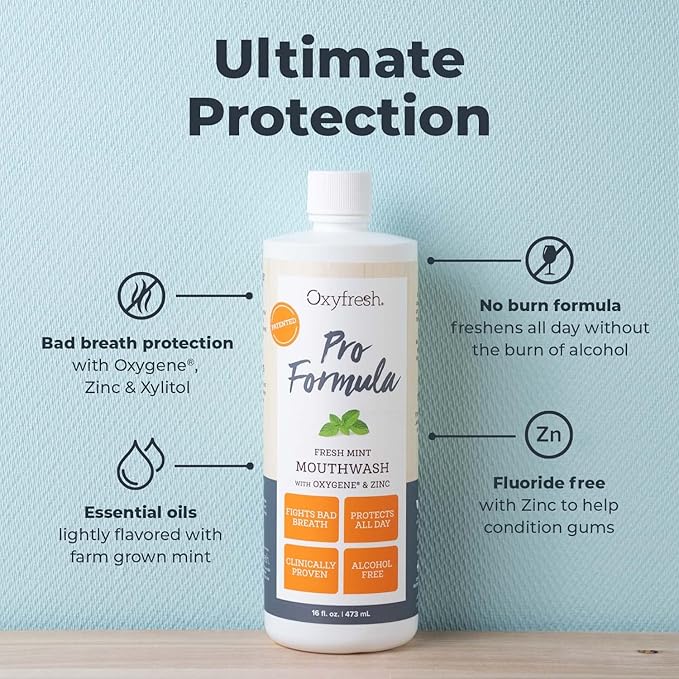 Oxyfresh Pro Formula Fresh Mint Mouthwash – Patented Zinc Mouthrinse for Fresh Breath, Healthy Gums & Bad Breath Treatment for Adults - Dye, Fluoride & Alcohol Free (16 Fl Oz)