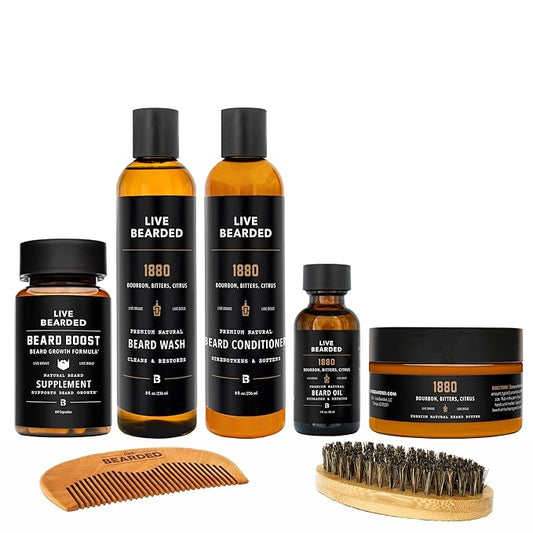 Live Bearded Total Beardsman Kit - Complete Beard Growth Kit for Men - Beard Oil, Butter, Wash, Conditioner, Vitamins, Comb, Brush | 1880 - Bourbon, Bitters, Citrus