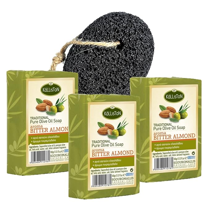 Kalliston, Olive Oil Soap bar with Bitter Almond extract, Includes Pumice stone, all natural soap bar, Product of Greece, Pack of 4