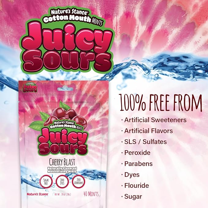 Nature’s Stance Cotton Mouth Juicy Sours Xylitol Mints for Dry Mouth Relief - Sugar Free Mints, Stimulate Saliva & Freshen Breath, Throat, Teeth, Gums - Xylitol Lozenges, 40 Count (Cherry Blast)