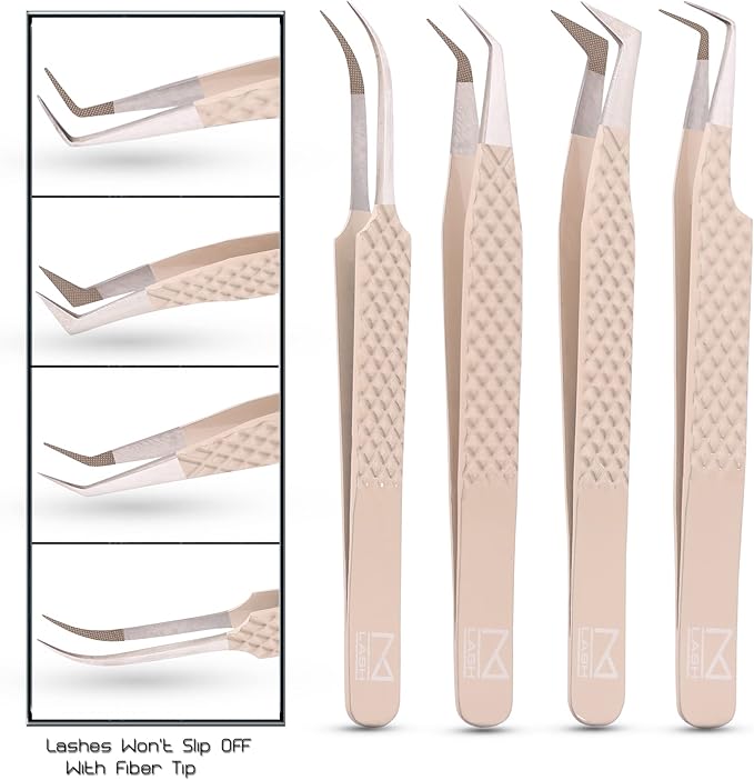 M LASH Tweezers for Eyelash Extensions (Set of 4) - Professional Lash Extension Tweezers - Fiber Tip, Japanese Steel, Diamond Grip Eyelash Extension Tweezer set (ET-Neu)