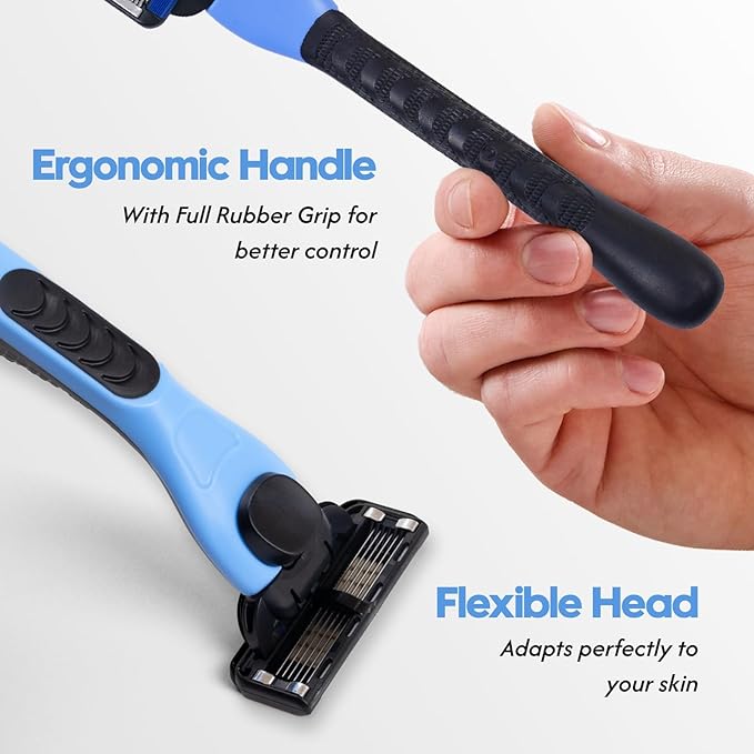 6-Blade Men's Razor with Dual Lubrication and Precision Trimmer, Shaving Kit for Men, 10 Piece Set, 1 Handle & 9 Refill Cartridges, Smooth Comfortable Shave (Blue)