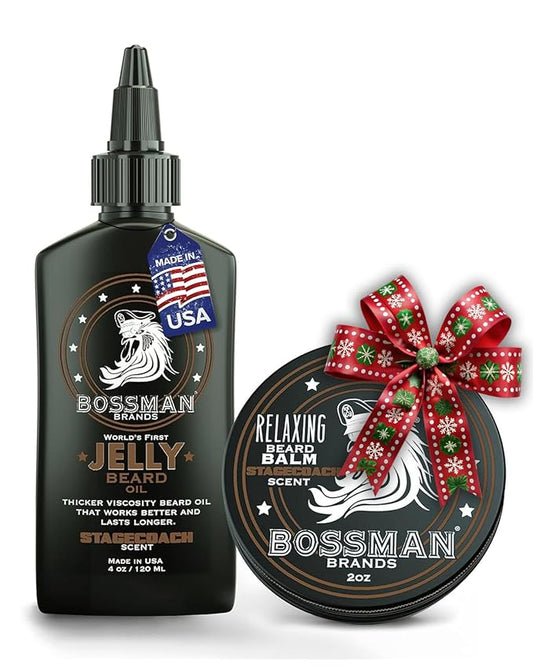 Bossman Jelly Beard Oil for Men & Beard Balm for Men Combo - Softens, Tames Moisturizes & Conditions - Stagecoach Scent - Natural Ingredients & Made in USA
