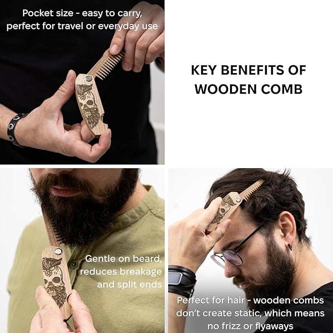 Enjoy The Wood Beard Comb for Men, Folding Pocket Beard Accessories for Men, Engraved Walnut Wooden Comb for Moustache, Beard & Hair For Him (Half Skull)