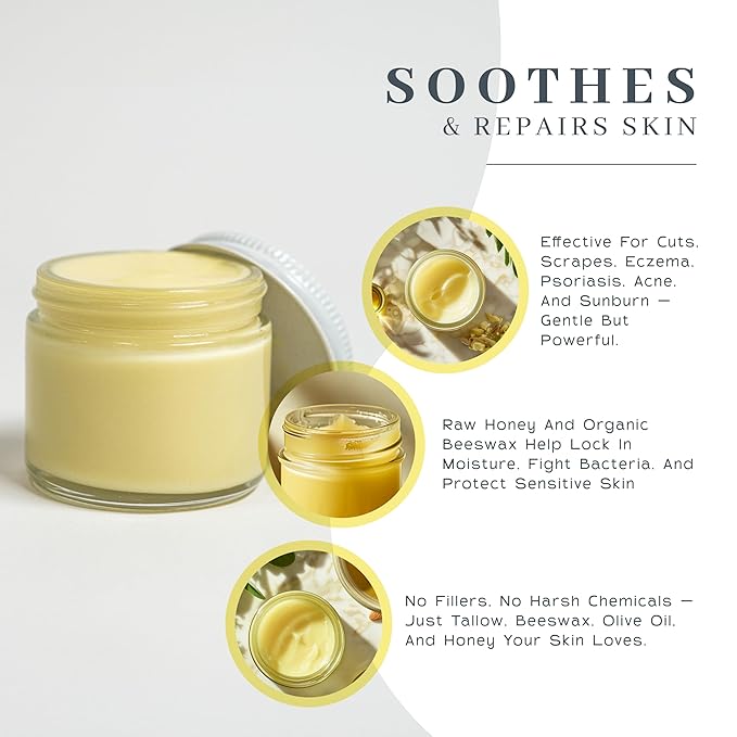 Vanman's Tallow and Honey Balm With No Added Scent - Beef Tallow Face Moisturizer with Grass-Fed/Finished Beef Tallow for Skin, Organic Raw Honey and Beeswax, Cold Pressed Olive Oil - 2 oz