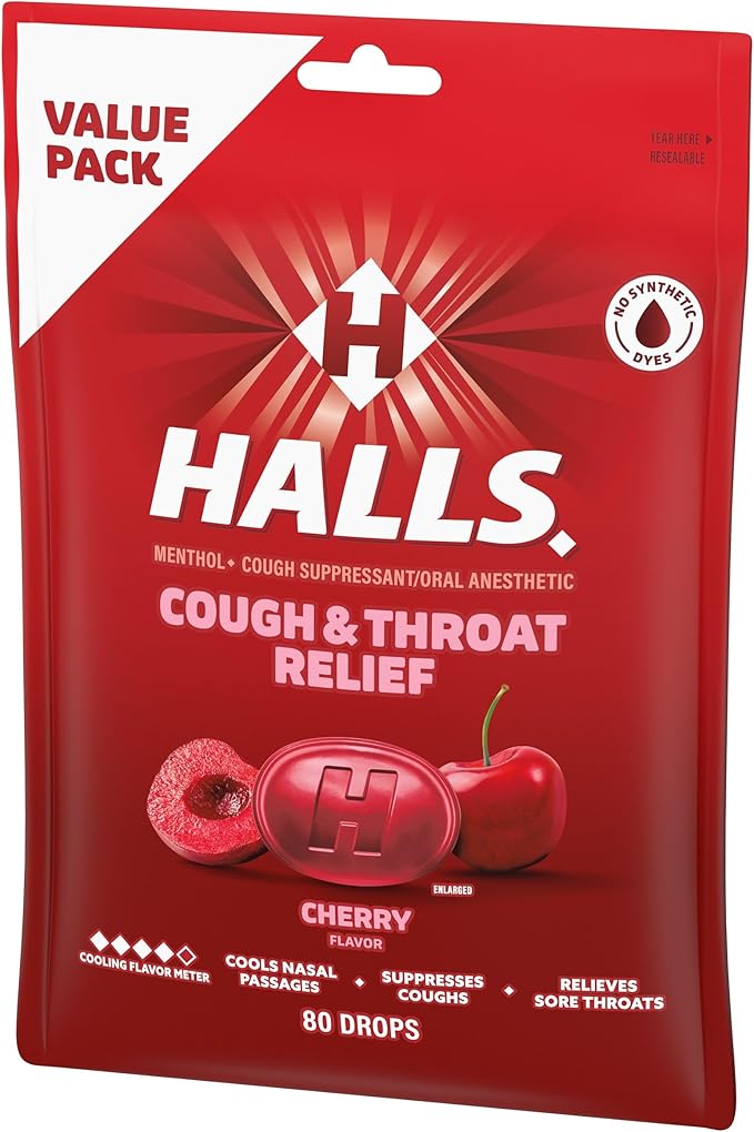 HALLS Cough and Throat Relief Cherry Cough Drops, Value Pack, 80 Drops