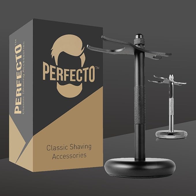 Perfecto Deluxe Black Razor and Brush Stand - The Best Safety Razor Stand. This Will Prolong The Life Of Your Shaving Brush, Best Valentine's Day Gift for Him, Gift For Dad Men, Shaving Accessories.