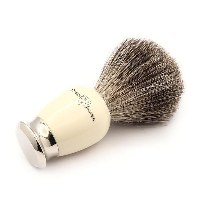 Edwin Jagger 81SB587AMZ Classic Imitation Ivory Pure Badger Exfoliating Shaving Brush with Stand for Shaving Cream or Shaving Soap for Men and Women (Ivory)