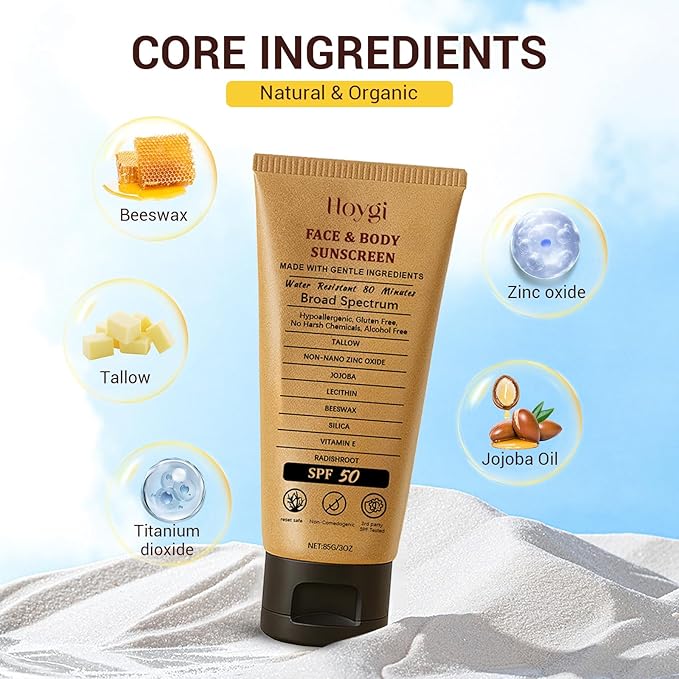 Beef Tallow Sunscreen, Natural Mineral Beef Tallow & Zinc Oxide Sunscreen SPF 50, Refreshing and Non-greasy Safest Formula, Water-Resistant Moisturizing for Women Men 3 oz (85 g)