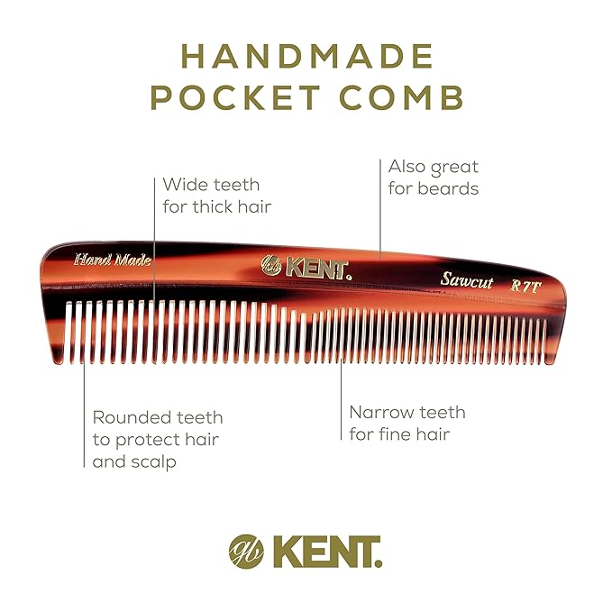 Kent R7T Fine and Wide Tooth Hair Comb, Pocket Comb for Men, Best Beard and Mustache Comb for Everyday Grooming and Styling, Handmade Sawcut and Polished, Made in England