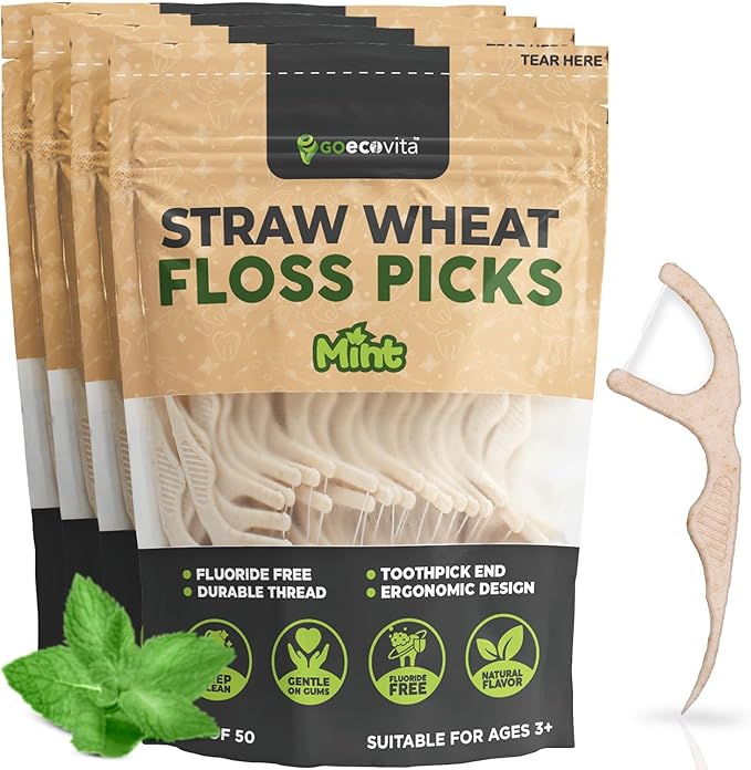 Dental Floss Picks - Straw Wheat Blend Flossers | Shred-Resistant & Thin Thread for Tight Gaps | Toothpick Sticks for Adults | Gentle on Gums & Teeth (200 Pack, Mint)