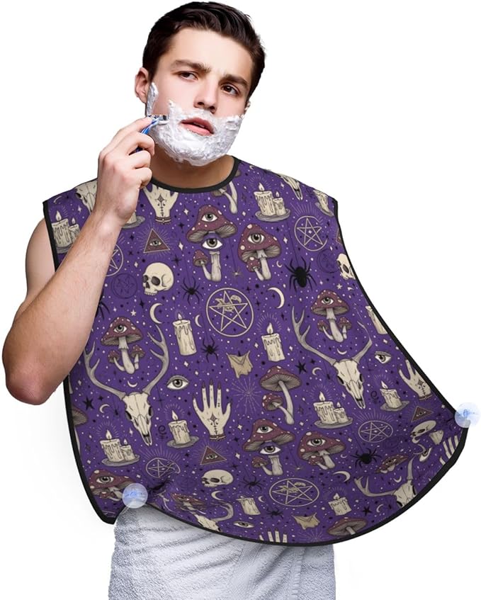 Beard Apron Hair Catcher, Witch Witchcraft Goth Skull Mushroom Shave Bib, Waterproof Non-Stick Shaving Bib, Trimming Grooming Tool for Dad Men Anniversary