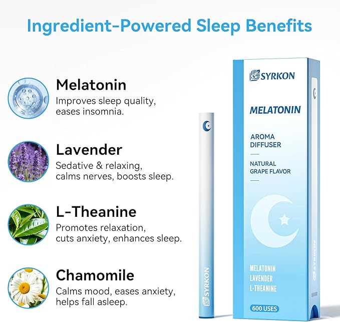 Melatonin Diffuser Pen, Sleep Support & Stress Relief, Grape Flavor, Extracts of Lavender, L-Theanine and Ashwagandha, Habit Transition, 600 Uses