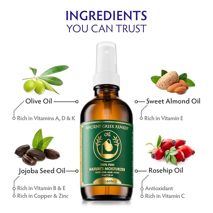 Ancient Greek Remedy Face Oil for Dry Skin - Organic Unscented Anti-Aging Serum - Jojoba, Rosehip, Almond, Olive, Vitamin E - Facial Gua Sha oil - Natural Body Moisturizer for Women & Men 4 oz