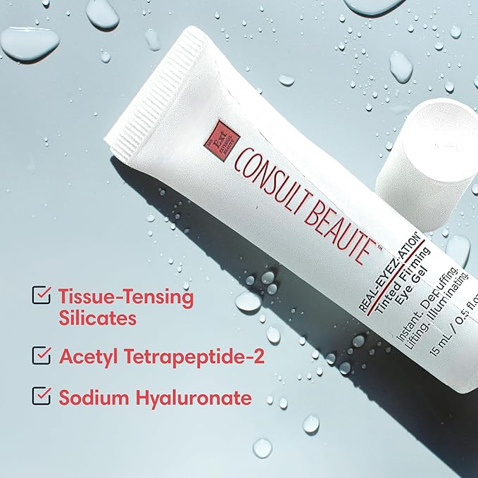 Consult Beaute Real-EYEZ-ATION Tinted Instant Firming Eye Gel - For Puffy Under Eyes - Temporary Eye Lid Lift - Illuminating - For Collagen and Elastin Production - Women and Men - .5 Fl. Oz