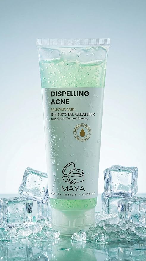MAYA Ice Crystal Salicylic Acid Cleanser – 2% BHA Acne Face Wash with Green Tea and Bamboo, Exfoliating Ice Scrub, Removes Dead Skin & Clears Pores – 120 g