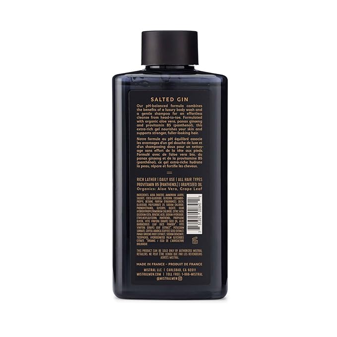 Mistral Men's Body Wash & Shampoo, Salted Gin 13.5 oz | 2-in-1 Natural Shower Gel for Men | SLS, Paraben & Phthalate Free | Natural Men’s Body Wash, Moisturizing Bath Gel - Made in France