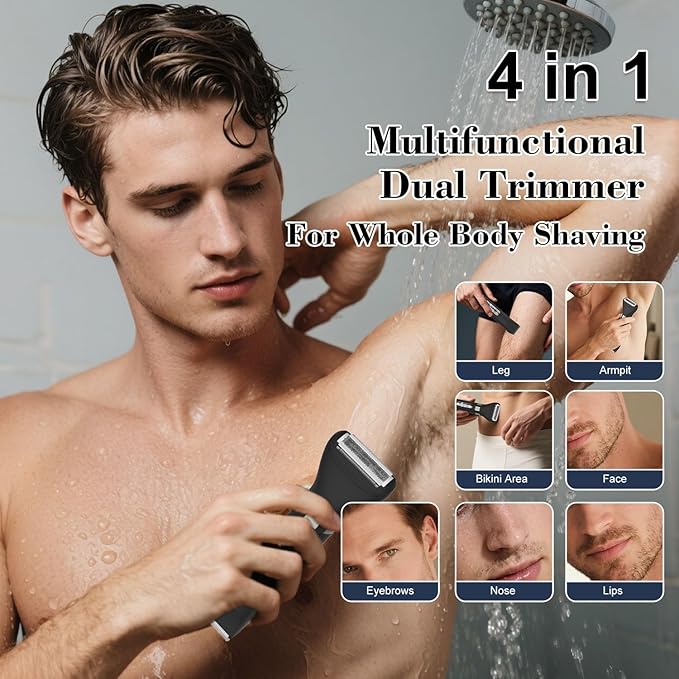 Hatteker 3 in 1 Multifunctional Dual - Head Body Hair Trimmer for Men, IPX7 Waterproof Nose/Eyebrow Trimmer, Rechargeable Body Electric Shaver Razor
