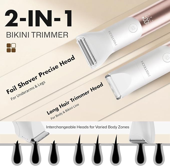 PRITECH Bikini Trimmer for Women, 2-in-1 Rechargeable Electric Razors for Women, Waterproof Bikini Shaver for Pubic Hair, Legs, Arms, Underarms, Electric Trimmer with Ceramic Blades, Travel Lock