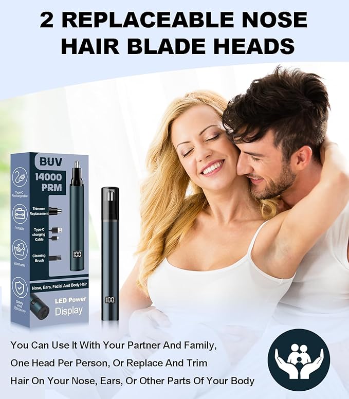 Nose Hair Trimmer with LED Display- 2025 Professional Painless Ear Hair Trimmers for Men and Women, USB Rechargeable Nose Hair Trimmer Clipper – 14,000 RPM IPX7 Waterproof Dual Edge Blades, Blue B