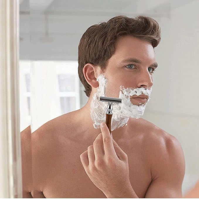 (4.5 Inch) Long Wood Handle Safety Razor for Men Women - Double Edge Manual Razor - Fits All Double Edge Razor Blade - Comes With 5 Shaving Blades, Brown