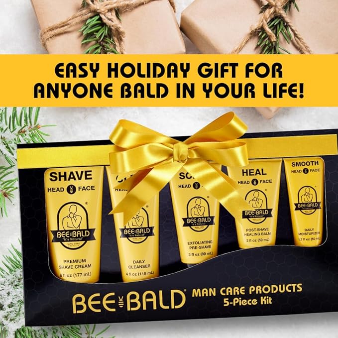 Bee Bald Premium Gift Set for Bald Men, Gift to Combine with Head Shavers for Bald Men Gift - Includes Bald Head After Shave, Moisturizer, Shaving Cream, Exfoliator, and Cleanser (5 Piece Kit)