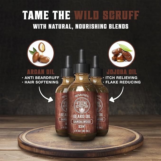 Viking Revolution Sandalwood Beard Oil for Men - Natural Mens Beard Oil with Argan Oil and Jojoba Oil - Beard Softener, Strengthens and Moisturizes - Beard Conditioner for Men (Sandalwood, 3 Pack)