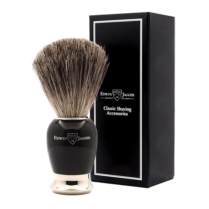 Edwin Jagger 81SB586AMZ Classic Imitation Ebony Pure Badger Exfoliating Shaving Brush with Stand for Shaving Cream or Shaving Soap for Men and Women (Black)