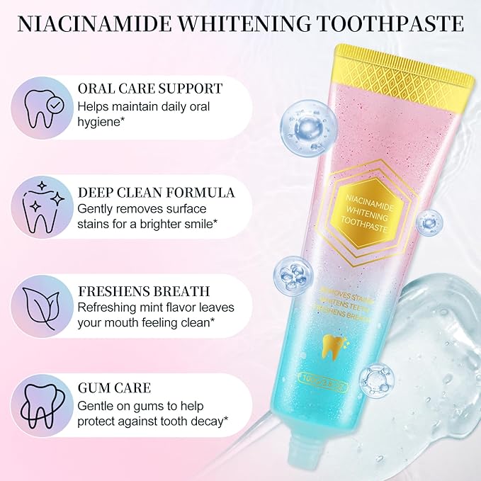 Niacinamide Whitening Toothpaste, Niacinamide Toothpaste Intensive Whitens Teeth, Stain Removal, Protects Tooth Enamel, Freshening Breath All Day with Natural Mint &Peach Flavor (1PC)