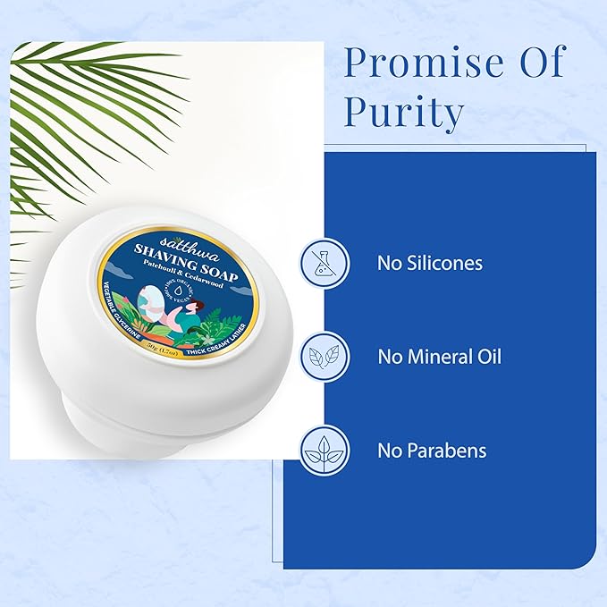Satthwa Organic Shaving Soap Puck infused with Patchouli & Cedarwood | Create the Perfect Lather | Excellent for Silky Smooth Shaves | Hydrates and Shields, 50g (1.7oz)