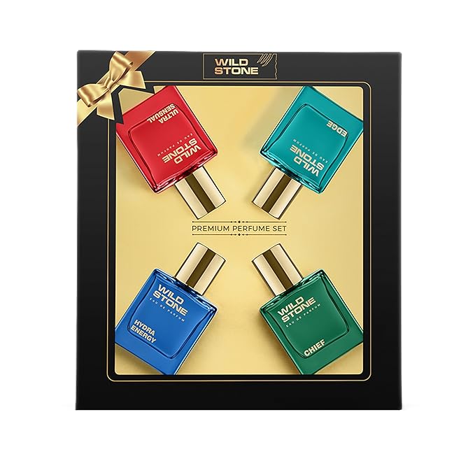 Wild Stone Men’s 4-Pack Eau de Parfum Gift Set (4 × 1 oz / 30 ml) — Edge, Ultra Sensual, Hydra Energy & Chief — Long-Lasting Masculine Fragrances