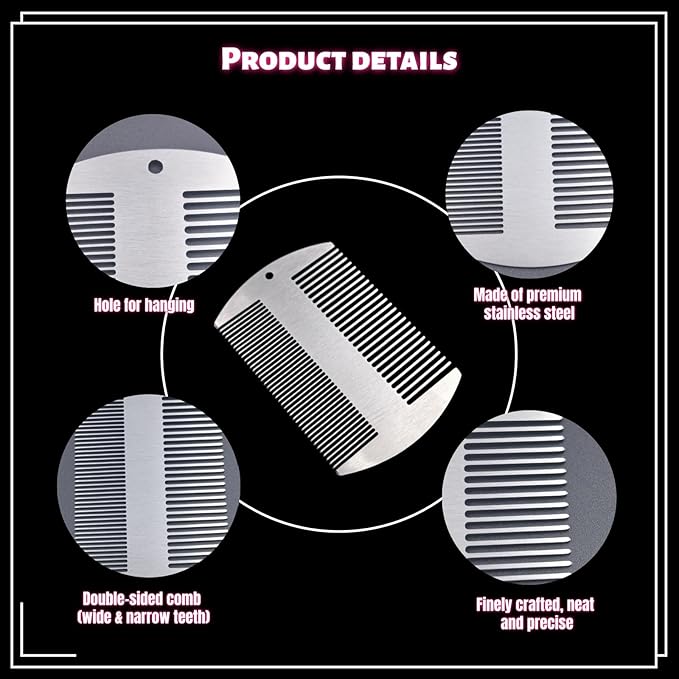 2 Pcs Metal Beard hair Comb for Men - Stainless Steel Pocket Mustache Comb, Dual Action Fine & Wide Teeth, Credit Card Size, Anti-Static, Lice Remover, Barber Styling - Silver