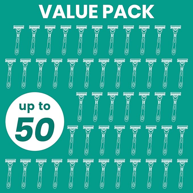 50 count Disposable Razors for Men,3-Blade Razors,Bulk Stainless Steel Shavers with Lubricating Strip for Shaving Sensitive Skin