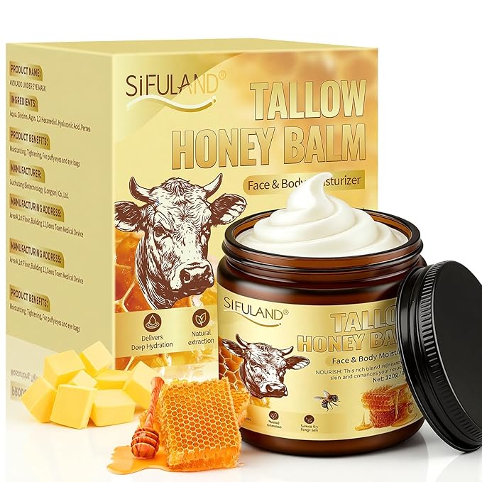 Beef Tallow for Skin, 100% Organic Grass-Fed Beef Tallow & Raw Honey Balm - Deep Nourishing Moisturizer for Face and Body, Sensitive Skin - All Natural Formula - 4.2 OZ