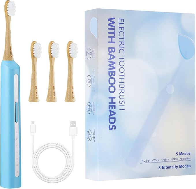 Bamboo Electric Toothbrush丨Rechargeable Electric Toothbrush with 4 Bamboo Heads, Soft Castor Oil Bristles,5 Moedes&3 Intensities, 45 Days Battery Life, IPX7 Waterproof-Light Blue
