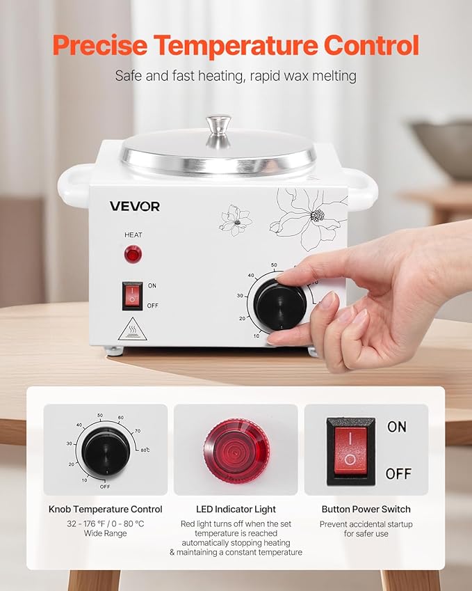 VEVOR Single Wax Warmer, 600ML Professional Wax Warmer for Hair Removal, 32 ℉ to 176℉ Adjustable Electric Waxing Heater Pot with 100PCS Waxing Sticks for Home Use, Beauty Salon, Spa