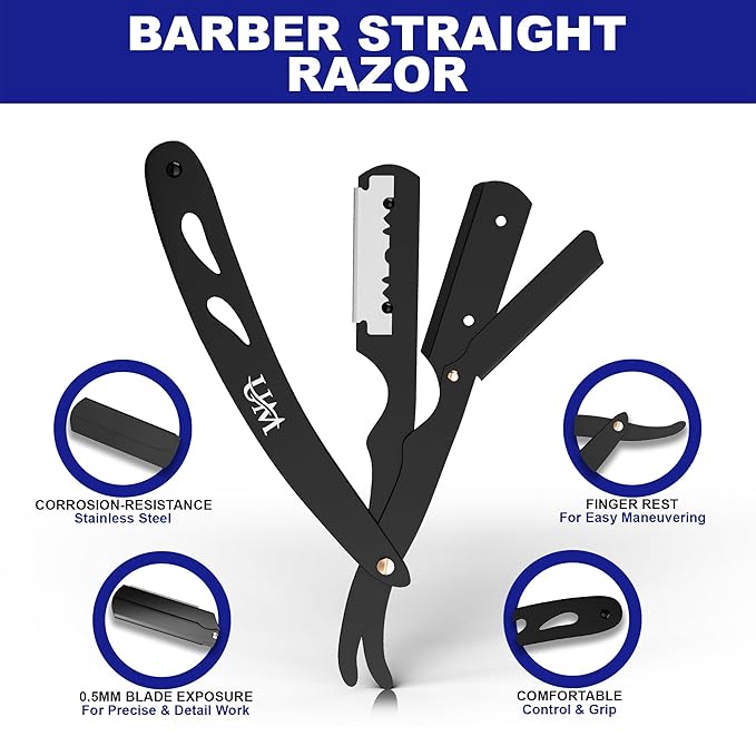 UM Supplies Straight Razors for Men – Professional Barber Straight Edge Razor Kit with 20 Replaceable Insert Single Edge Blades - Navajas Para Barbero