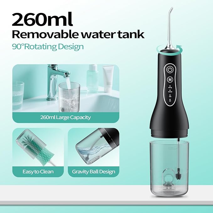 Water Flosser for Teeth Cordless: 260ML Portable Oral Irrigator with DIY Strength for Daily Oral and Braces Care, 4 Modes & 5 Jet Tips, 40-Day Battery, IPX7 Waterproof Dental Flosser for Home Travel