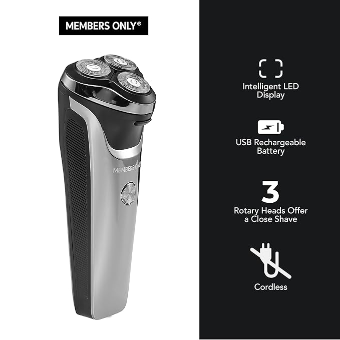 Members Only Electric Razor for Men, Lithium Metallic Cordless 3 Heads Rotary Shaver, Precision Trimming, Close Shave with Built-in Pop-up Trimmer, IPX6 Waterproof, USB Rechargeable Battery