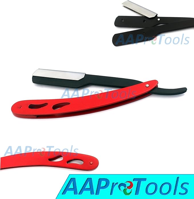 PROFESSIONAL STRAIGHT EDGE RAZOR WITH 100 SINGLE EDGE BLADES - CLOSE SHAVING MEN'S MANUAL SHAVER SAFETY RED AND BLACK A+ QUALITY