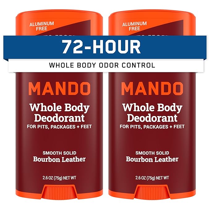 Mando Whole Body Deodorant For Men - Smooth Solid Stick - 72 Hour Odor Control - Aluminum Free, Baking Soda Free, Skin Safe - 2.6 Ounce (Pack of 2) - Bourbon Leather