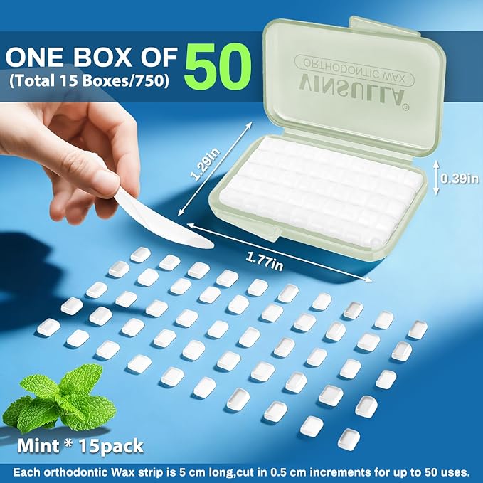 VINSULLA Orthodontic Wax for Braces - 750 Precut Dental Wax Dots Braces Wax Strips,Safe for Kids & Adults,Wax for Dental Brackets & Aligners 15Pack