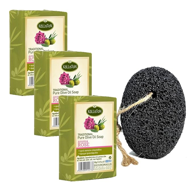 Kalliston, Rose Soap with Pumice Stone, Olive Oil soap, gentle exfoliation and moisturizing, made in Greece, Pack of 4