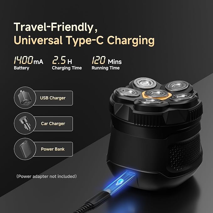 Electric Shavers for Bald Men, 6D Magnetic Head Razor with Led Display, USB-C Rechargeable and Cordless, Waterproof Wet/Dry Shaver for Men, with Storage Case and 1 Replacement Head (Black)