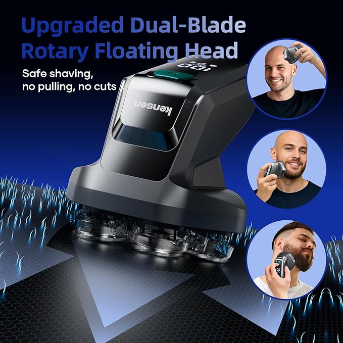 7D Head Shavers for Bald Men - kensen Dual Speed Electric Head Hair Shaver, Long Battery Life Electric Razor IPX6 Waterproof Wet/Dry Shaving LED Display Rechargeable Bald Head Shavers for Men