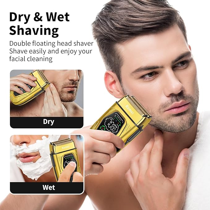 KEMEI KM-T360 Professional Foil Shaver, Barber Shaver with LED Display, Electric Razor for Men USB-C Rechargeable, Wet & Dry Electric Shaver with Detachable Dual Blades
