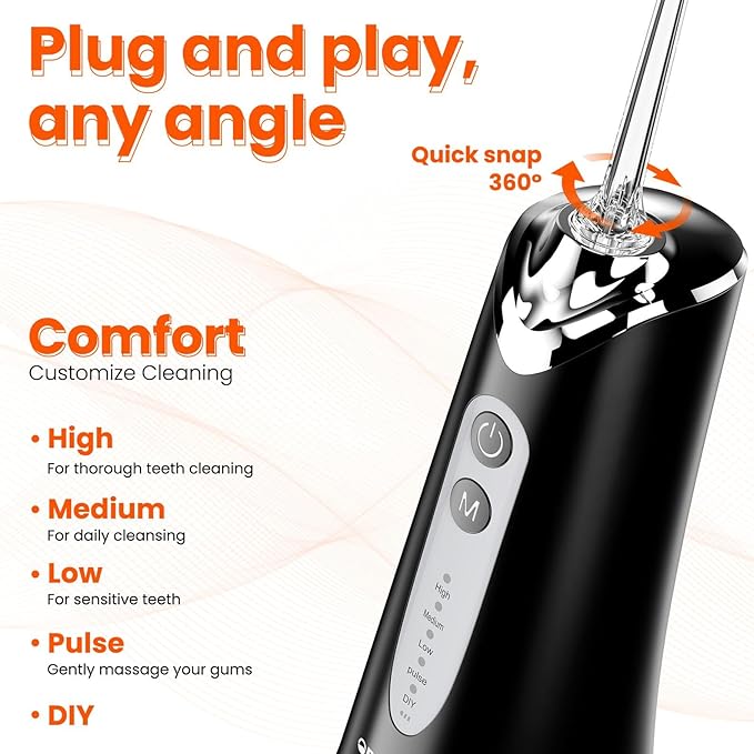 Water Dental Flosser Pick for Teeth - 300ML Portable Cordless Oral Irrigator, Rechargeable Irrigation Cleaner Professional Electric Flossing Machine for Teeth Cleaning Power Flosser Travel (Black)