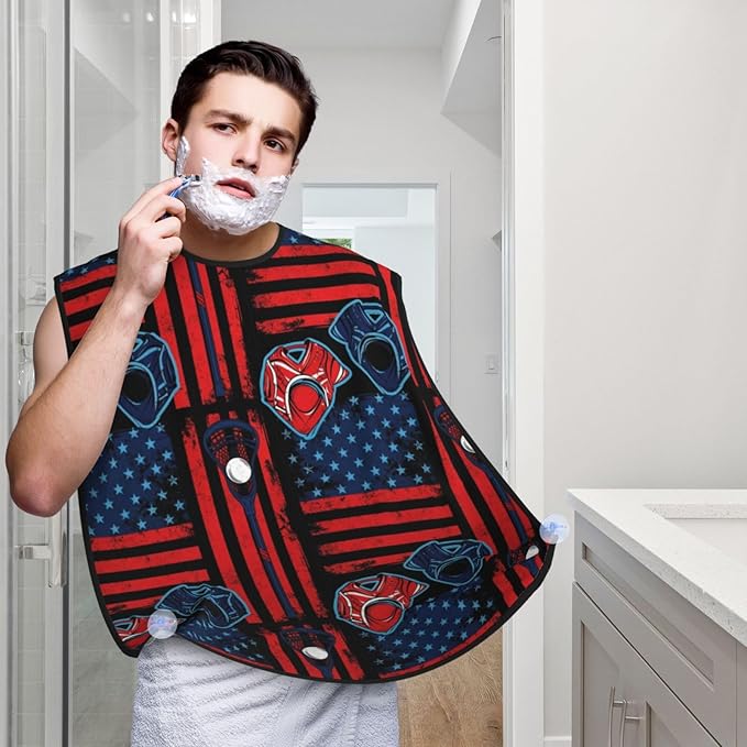 Beard Bib Apron for Men Shaving, Waterproof Non-Stick Hair Catcher with Suction Cups, Grooming Essential for Dad Husband, USA Vintage American Lacrosse Sticks Ball Flag Shave Bib