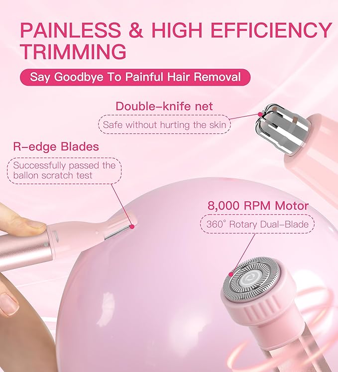 Nose Hair Trimmer for Women 3in1 Facial Hair Removal Trimmers- Rechargeable, Waterproof, Portable with Travel Bag- Trims Nose, Ear, Eyebrow, Peach-Fuzz, Lips, Chin Face Hair Remover (Pink)