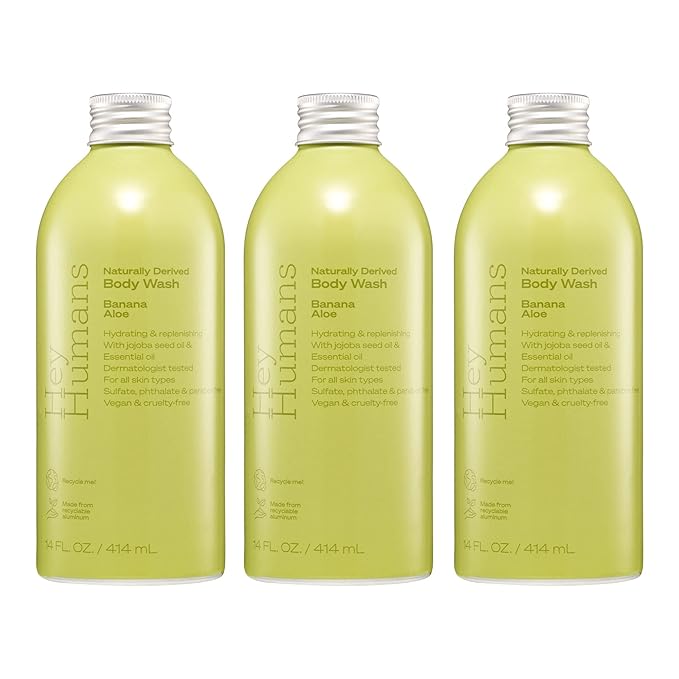 Hey Humans Banana Aloe Moisturizing Body Wash with Natural Ingredients & Jojoba Oil | Clean, Vegan, Sulfate Free Bath & Body Wash for Women & Men | Recyclable Bottle, 14 fl. oz. - Pack of 3